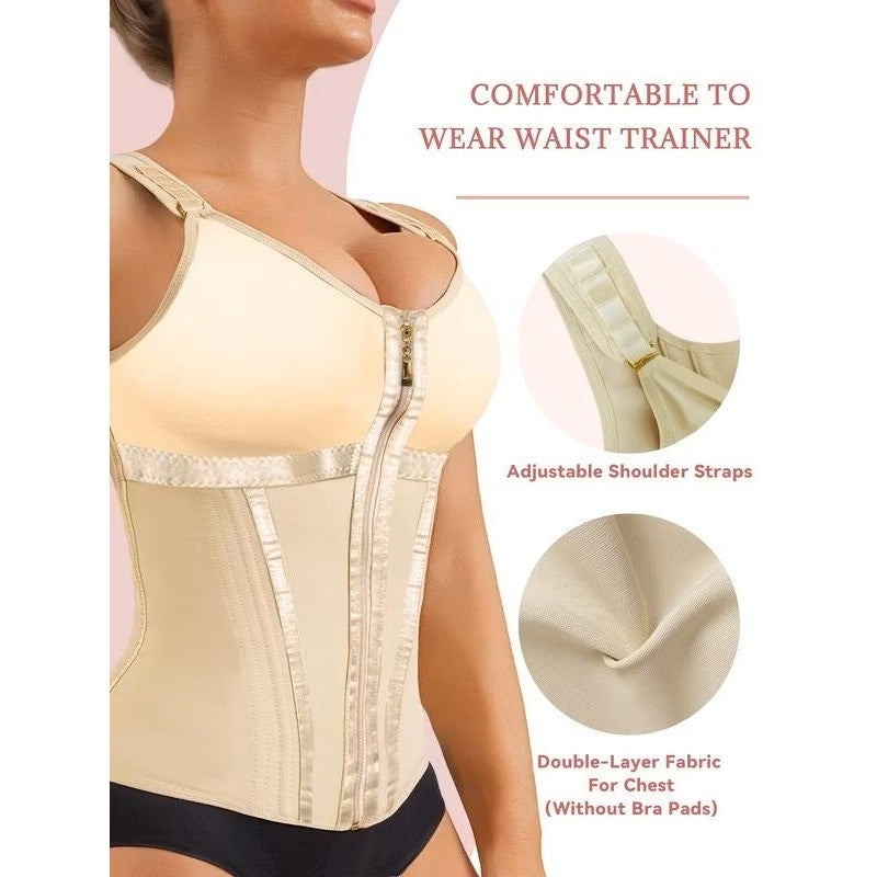 LuxSeren Waist Trainer Vest Zipper Front Adjustable Straps Shapewear Nude Beige