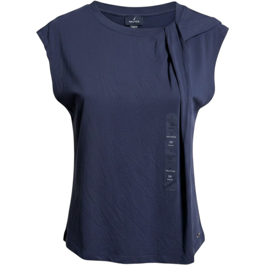 Nautica Lake Como Navy Blue Asymmetrical Tie Neck Sleeveless Knit Top N6BH0440