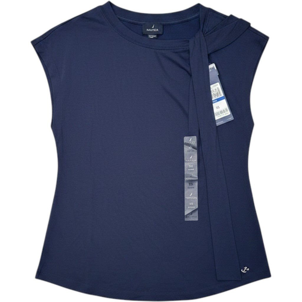 Nautica Lake Como Navy Blue Asymmetrical Tie Neck Sleeveless Knit Top N6BH0440