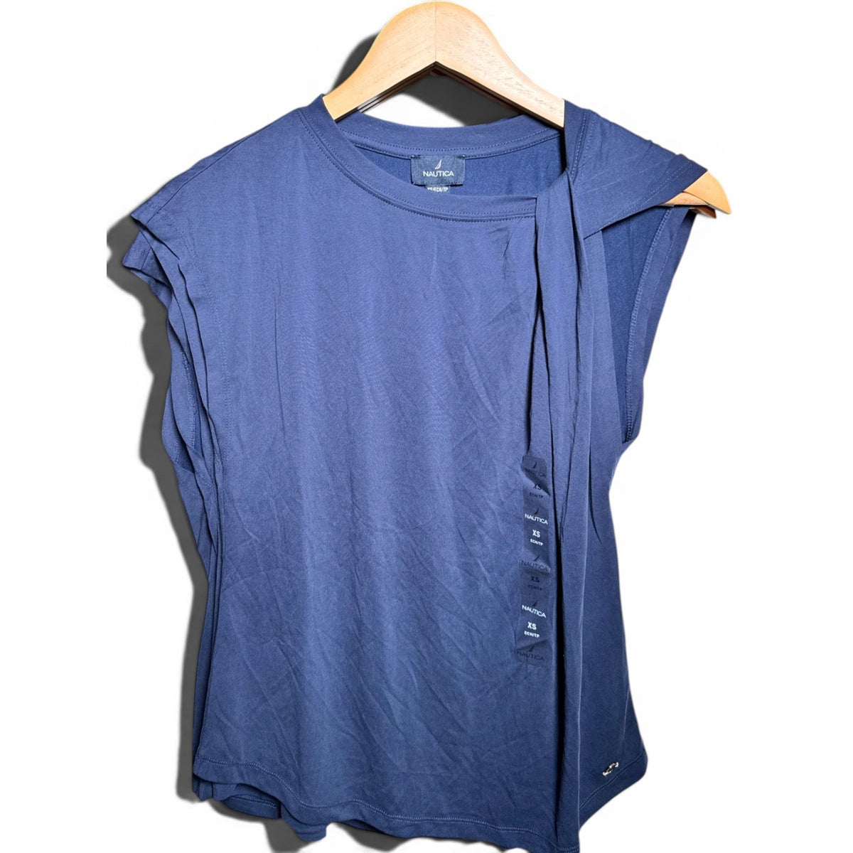 Nautica Lake Como Navy Blue Asymmetrical Tie Neck Sleeveless Knit Top N6BH0440