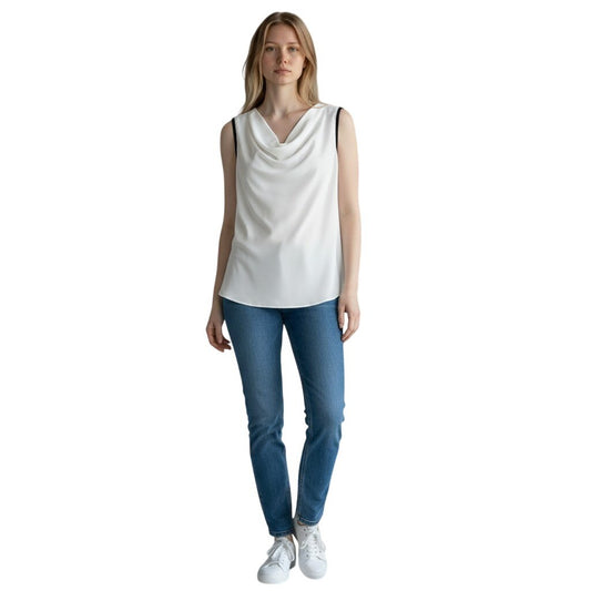 Vince Camuto Womens Cowl Neck Sleeveless Blouse Ivory Black Trim 91624B022 M