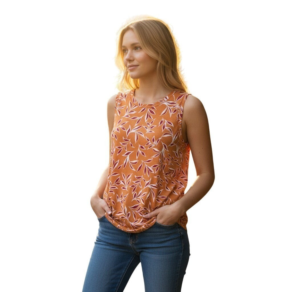 Vince Camuto Easy Breezy Sleeveless Top Orange Leaf Print 91325616 Chili Mens L