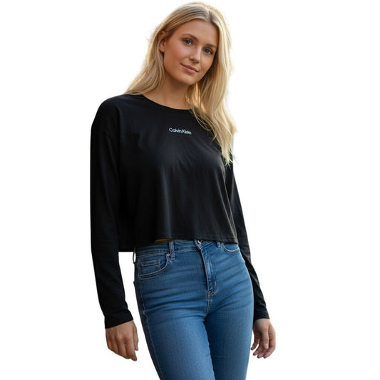 Calvin Klein Performance Womens Long Sleeve Crop Top Black Logo Crew Neck NEW