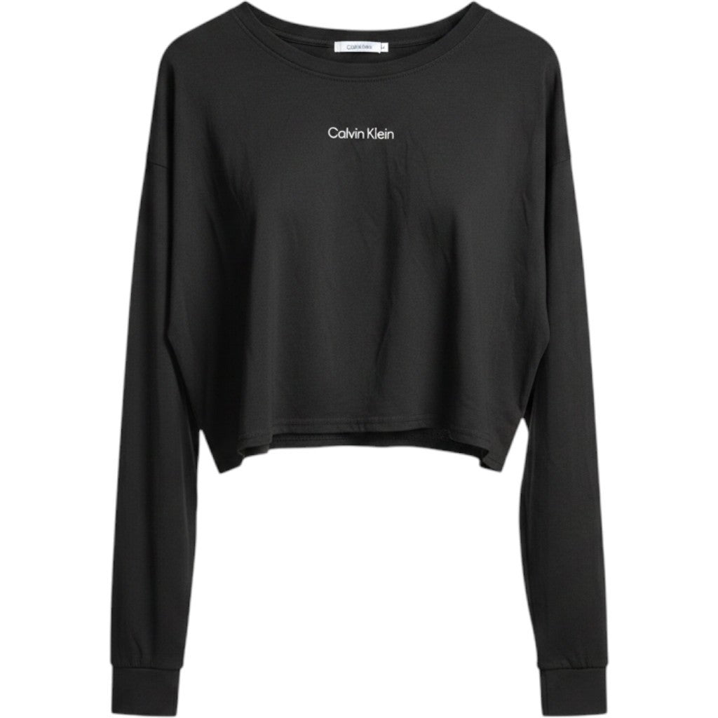Calvin Klein Performance Womens Long Sleeve Crop Top Black Logo Crew Neck NEW