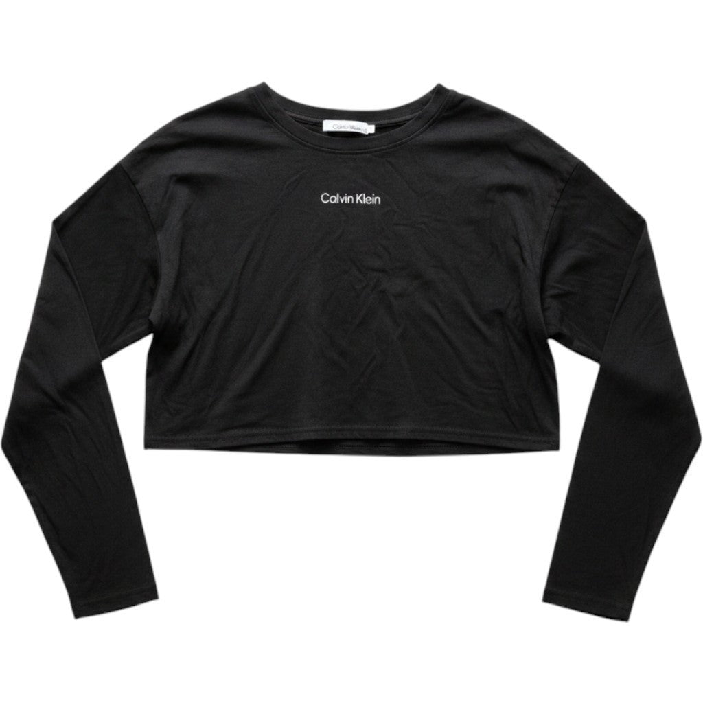 Calvin Klein Performance Womens Long Sleeve Crop Top Black Logo Crew Neck NEW