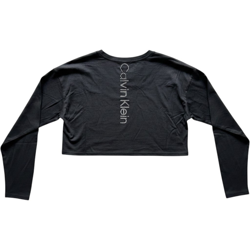 Calvin Klein Performance Womens Long Sleeve Crop Top Black Logo Crew Neck NEW