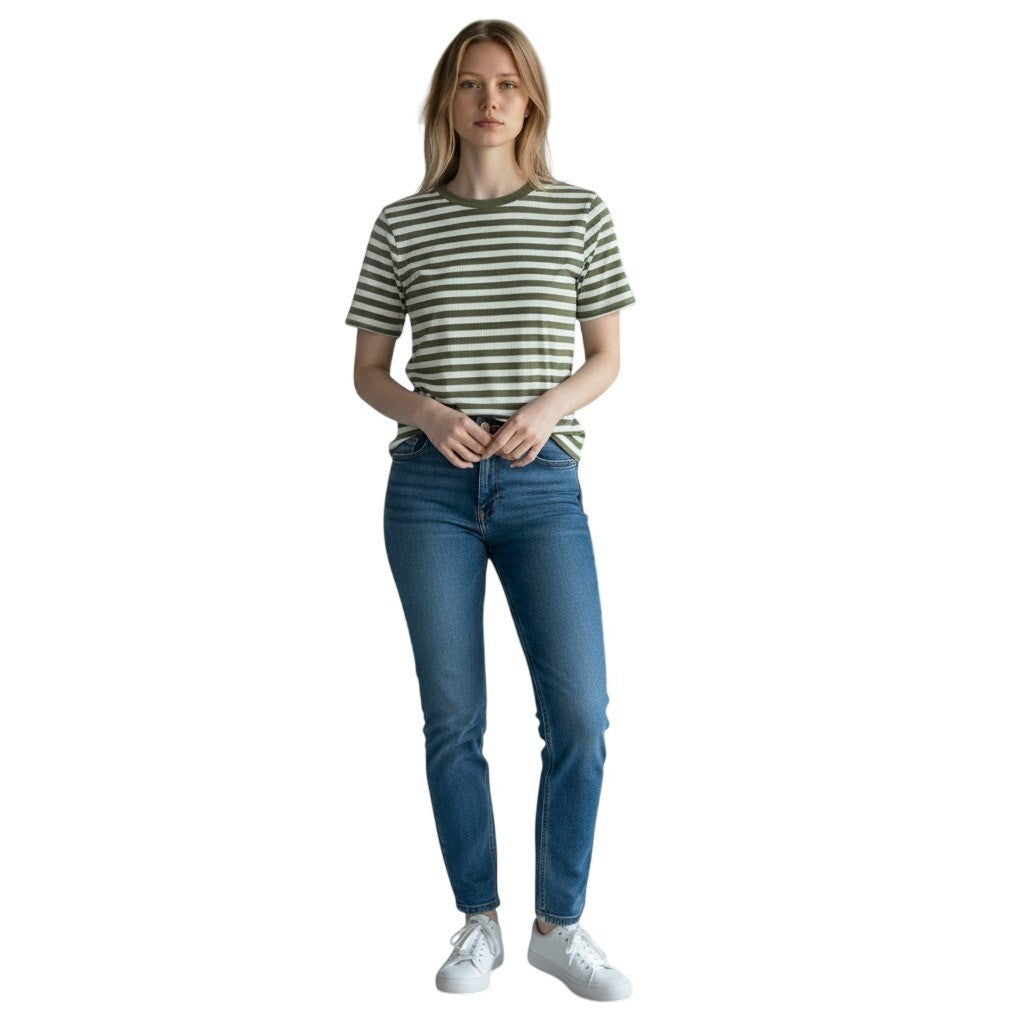 On 34th Womens Ribbed Striped Short Sleeve T-Shirt Olive Green White XS NEW
