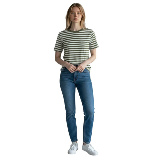 On 34th Womens Ribbed Striped Short Sleeve T-Shirt Olive Green White XS NEW