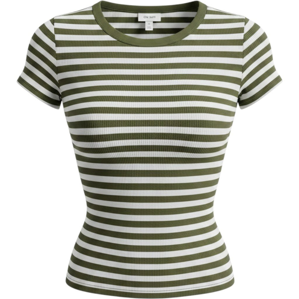 On 34th Womens Ribbed Striped Short Sleeve T-Shirt Olive Green White XS NEW