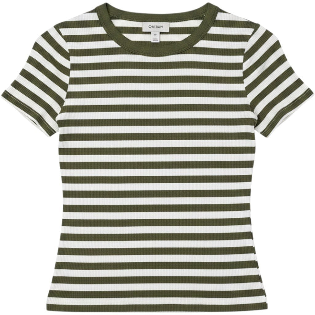 On 34th Womens Ribbed Striped Short Sleeve T-Shirt Olive Green White XS NEW