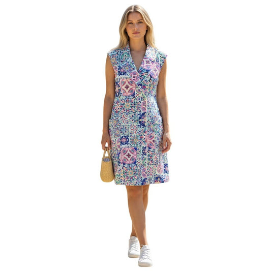 Hermoza Sleeveless Tile Print Double Breasted Dress Long Vest Multi Color NWT