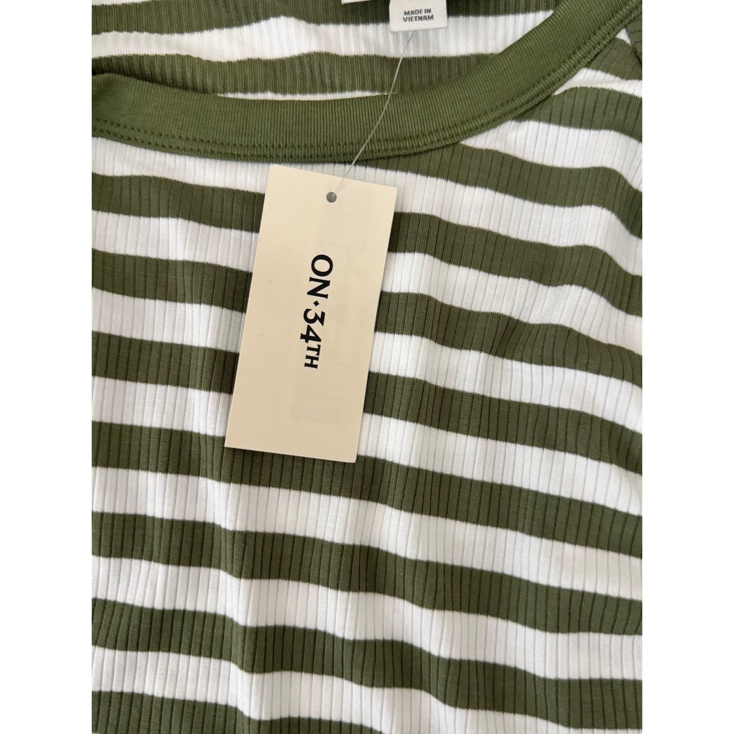 On 34th Womens Ribbed Striped Short Sleeve T-Shirt Olive Green White XS NEW