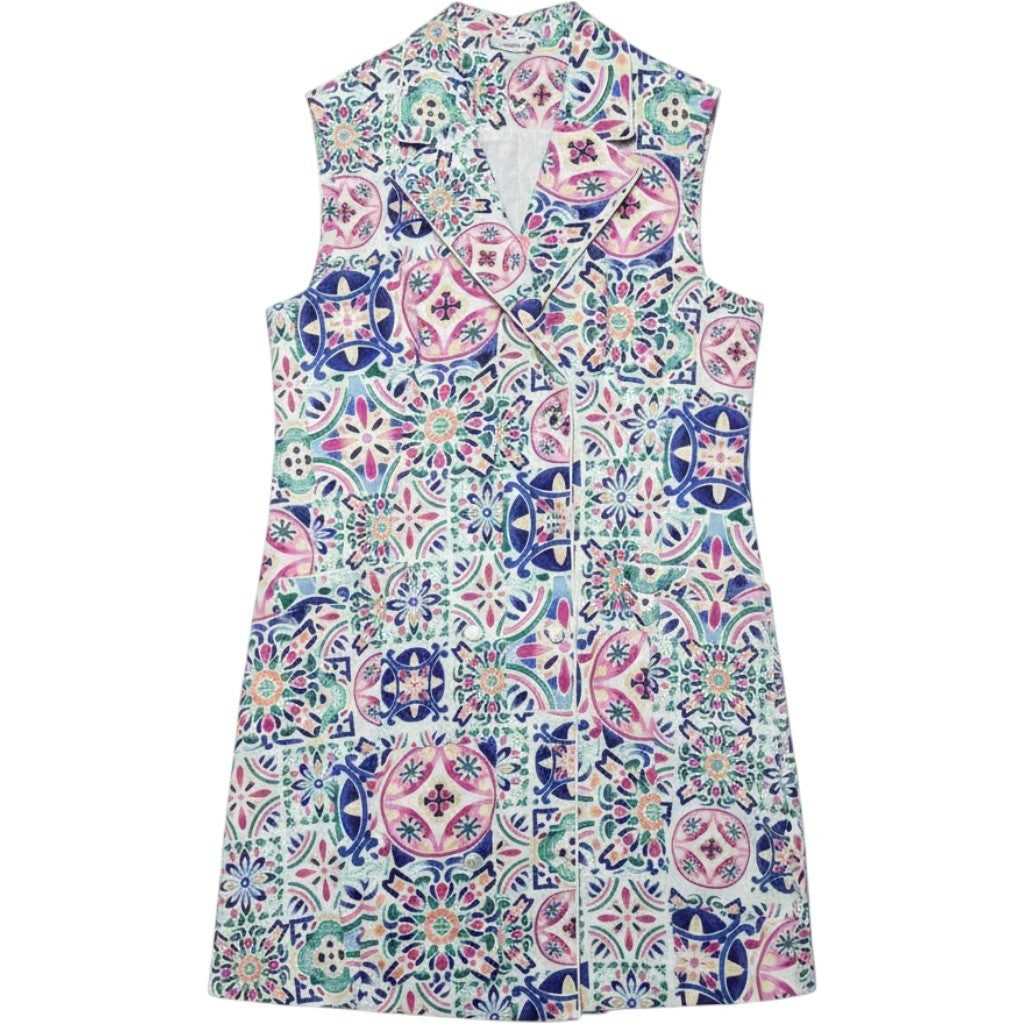 Hermoza Sleeveless Tile Print Double Breasted Dress Long Vest Multi Color NWT