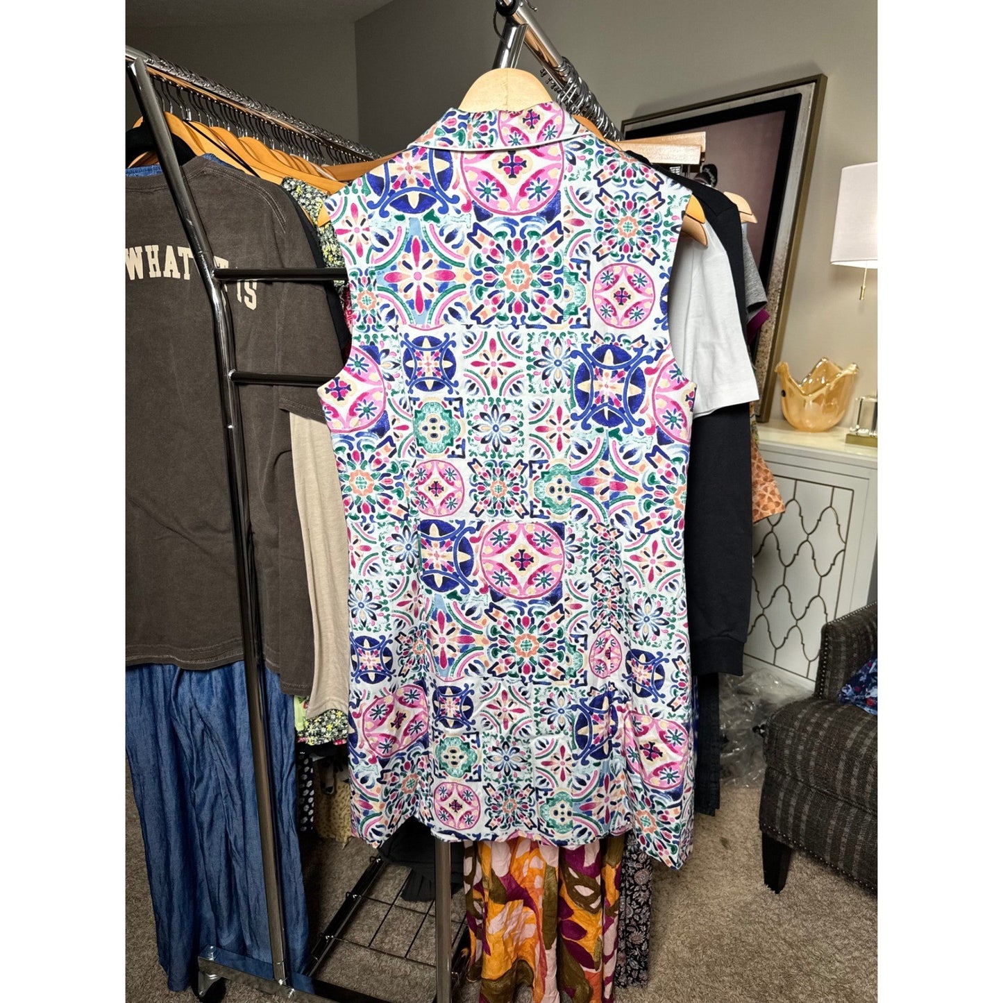 Hermoza Sleeveless Tile Print Double Breasted Dress Long Vest Multi Color NWT