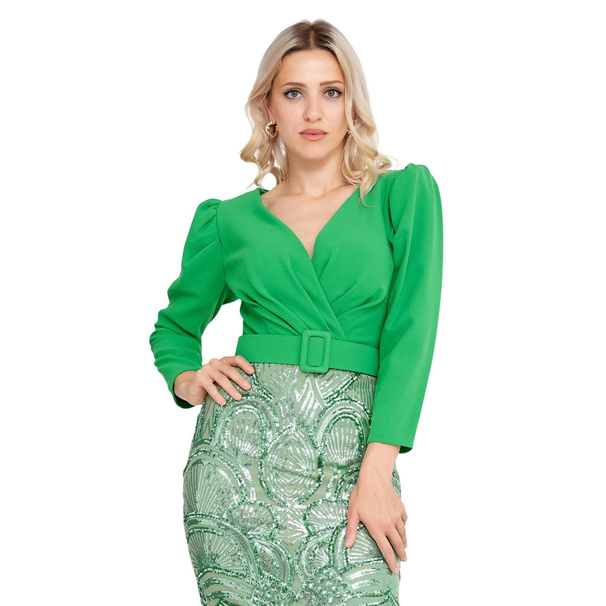 Shine Exclusive Green Sequin Art Deco Midi Dress V-Neck Belted Long Sleeve 40
