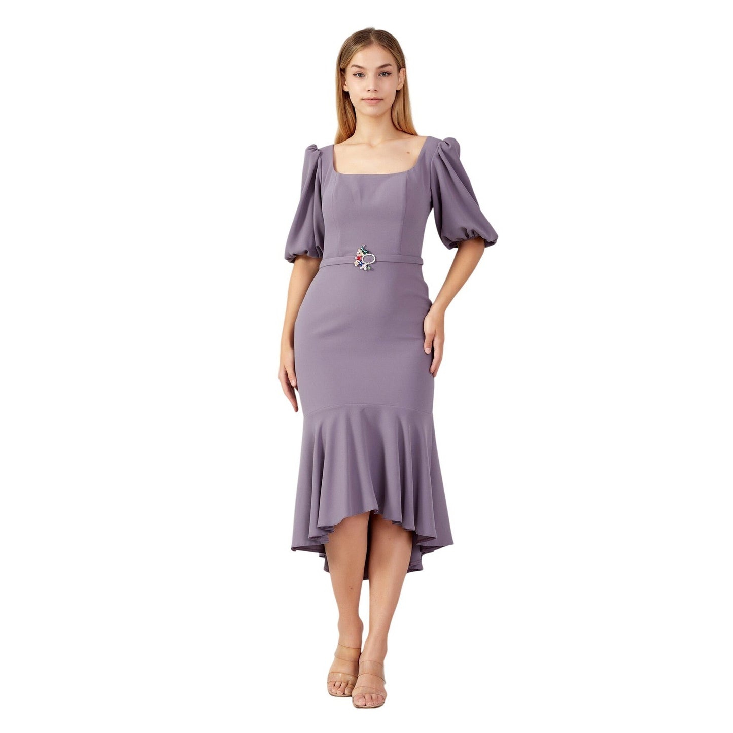 Join Me Women Purple Puff Sleeve Square Neck Jeweled Belt High Low Mermaid Dress