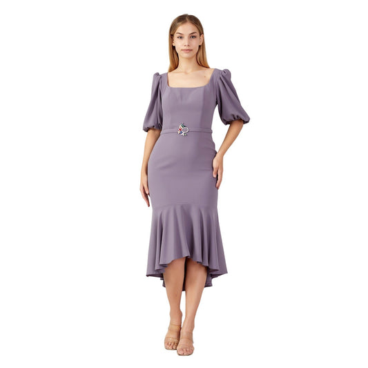 Join Me Women Purple Puff Sleeve Square Neck Jeweled Belt High Low Mermaid Dress