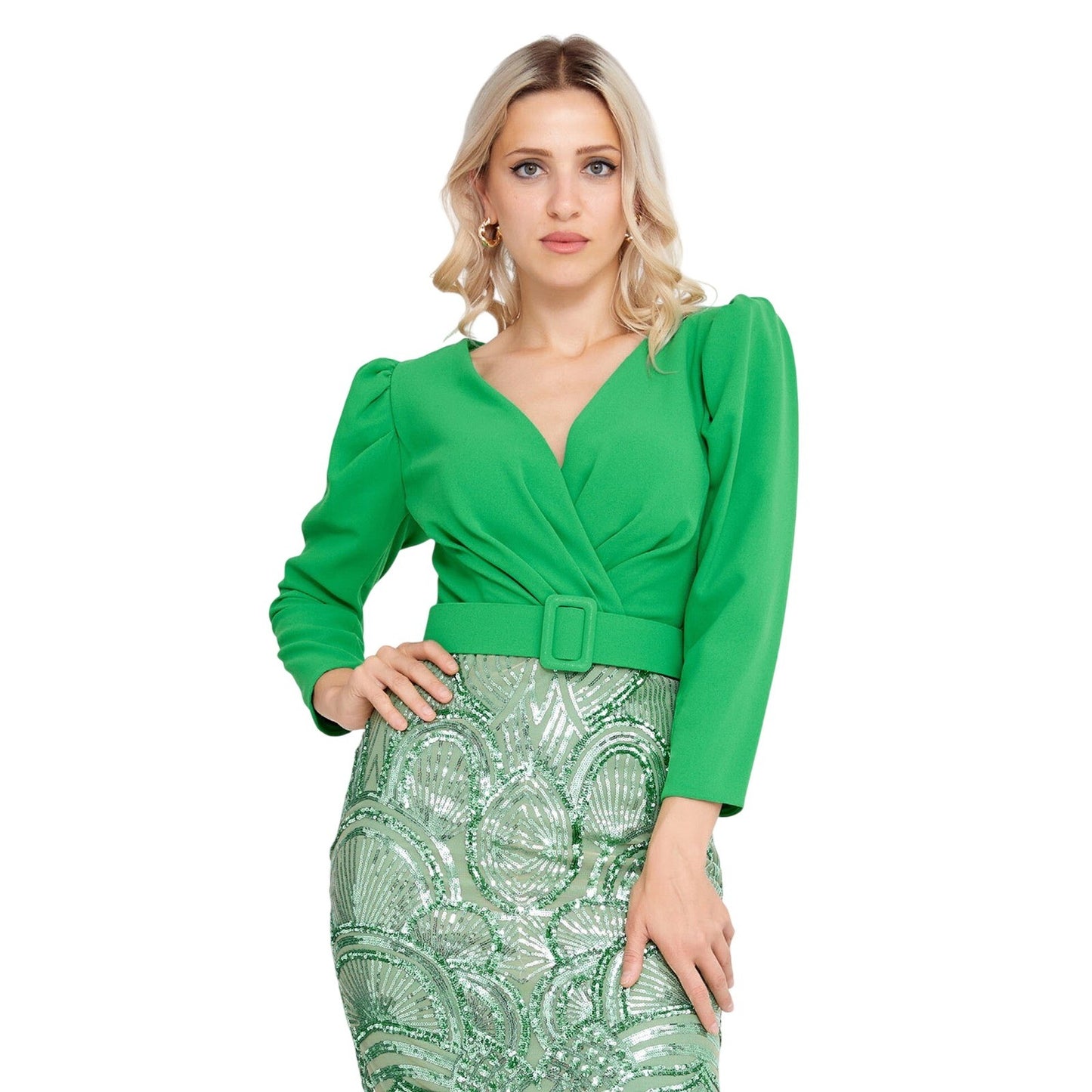 Shine Exclusive Green Sequin Art Deco Midi Dress V-Neck Belted Long Sleeve 38
