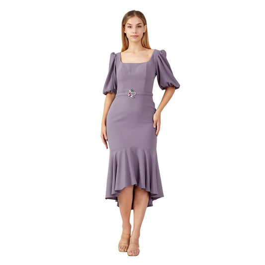 Join Me Women Purple Puff Sleeve Square Neck Jeweled Belt High Low Mermaid Dress