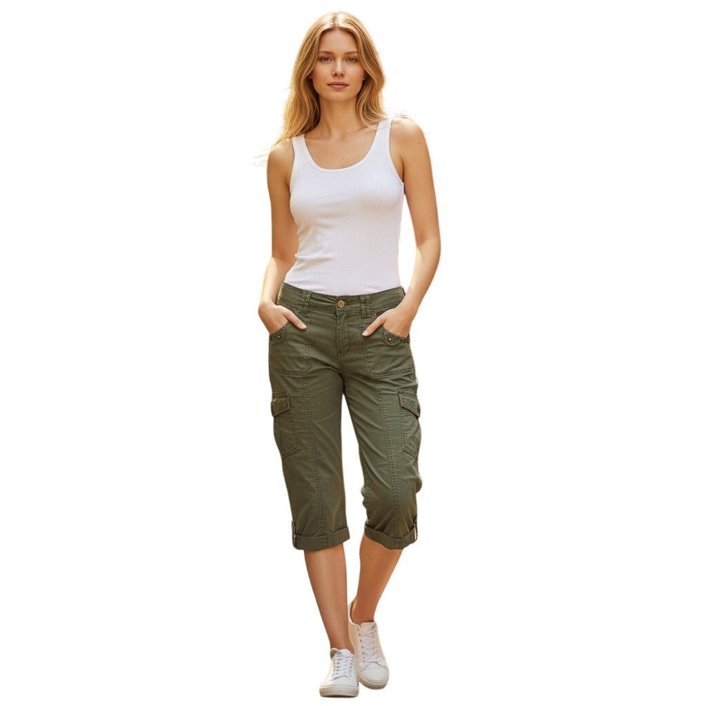 Women Olive Green Cargo Capri Pants Military Utility Cropped Trousers Size 10