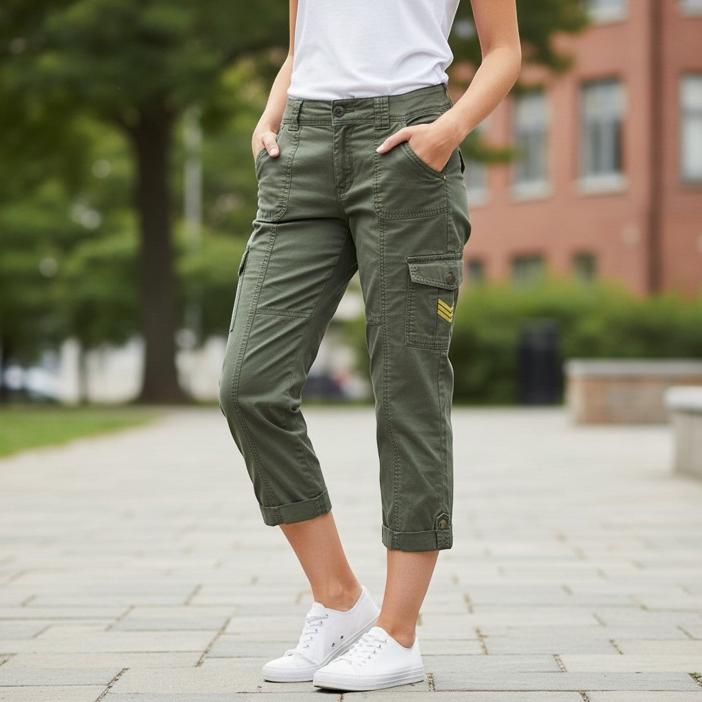 Women Olive Green Cargo Capri Pants Military Utility Cropped Trousers Size 10