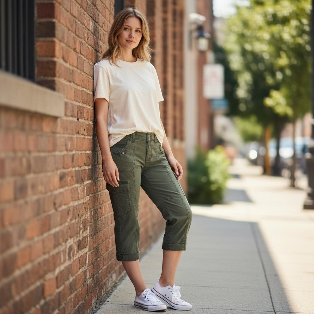 Women Olive Green Cargo Capri Pants Military Utility Cropped Trousers Size 10