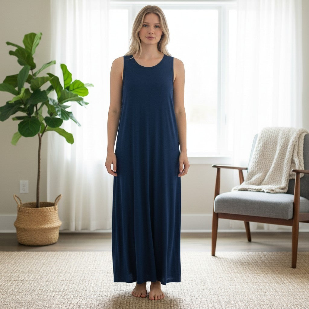Vince Camuto Navy Blue Sleeveless Simple Style Midi Dress Side Slit 91322739 M