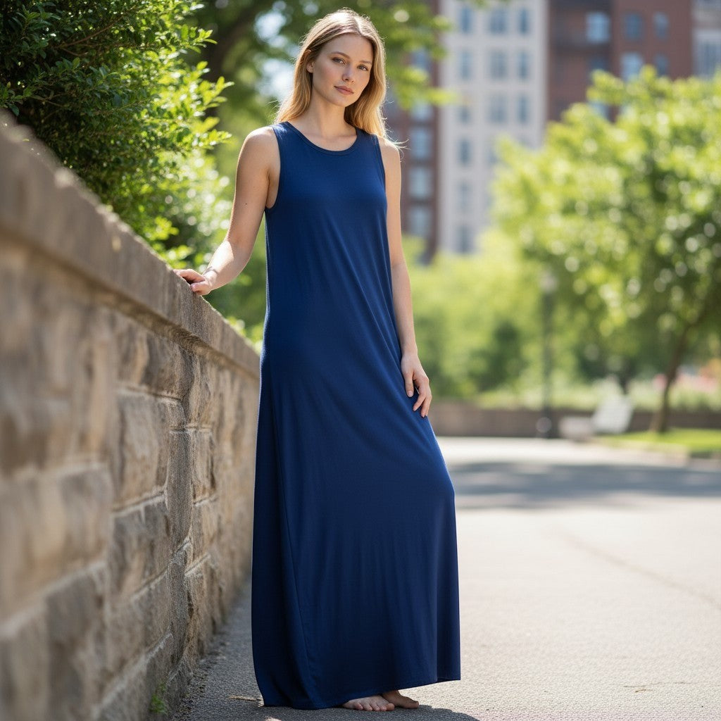 Vince Camuto Navy Blue Sleeveless Simple Style Midi Dress Side Slit 91322739 M