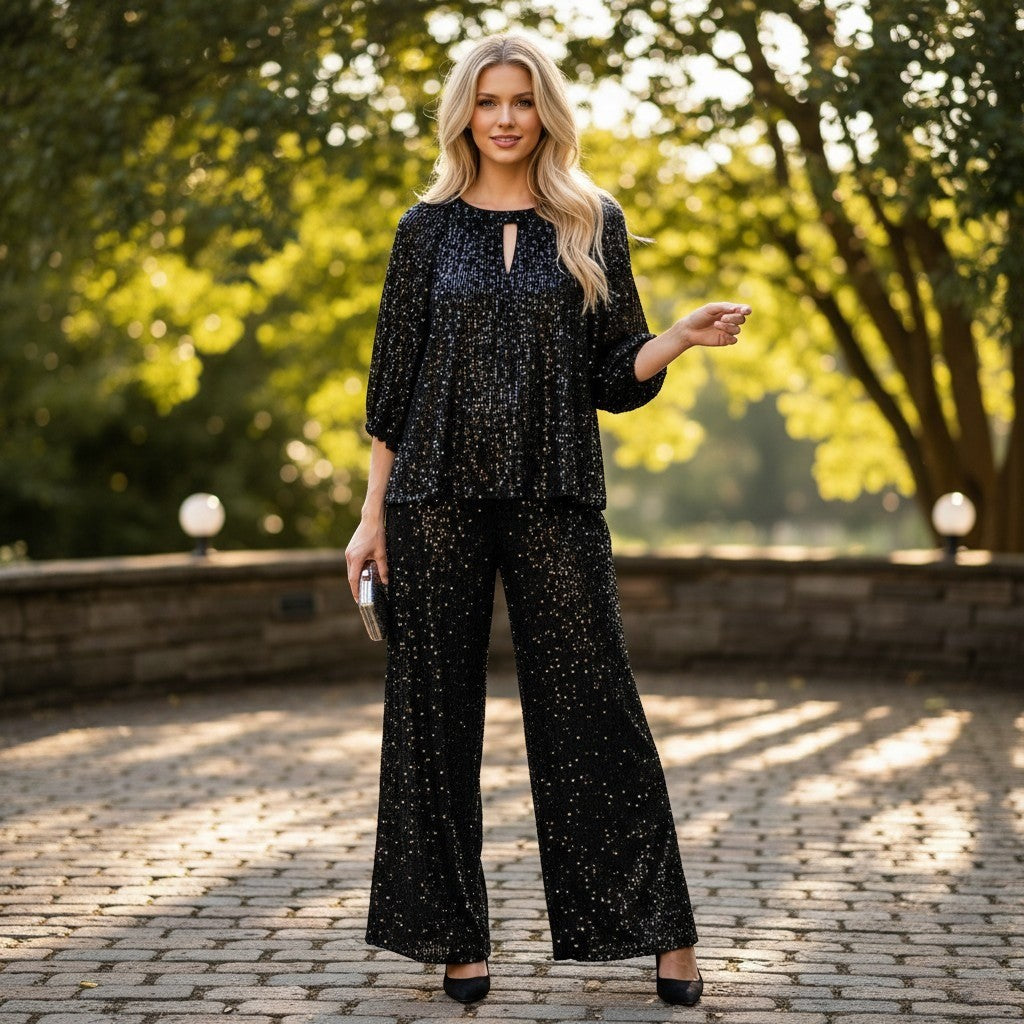 Vince Camuto Twinkle & Glow Sequin Top and Pants Set Rich Black Small NWT