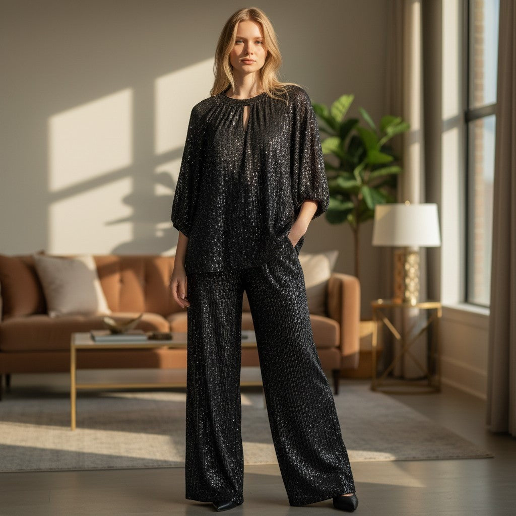 Vince Camuto Twinkle & Glow Sequin Top and Pants Set Rich Black Small NWT