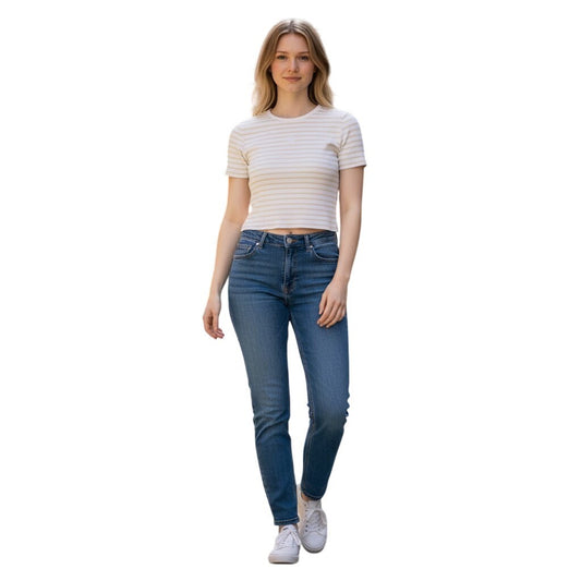 DKNY Jeans Womens Ribbed Striped Short Sleeve Crop Top Ivory Natural XXS