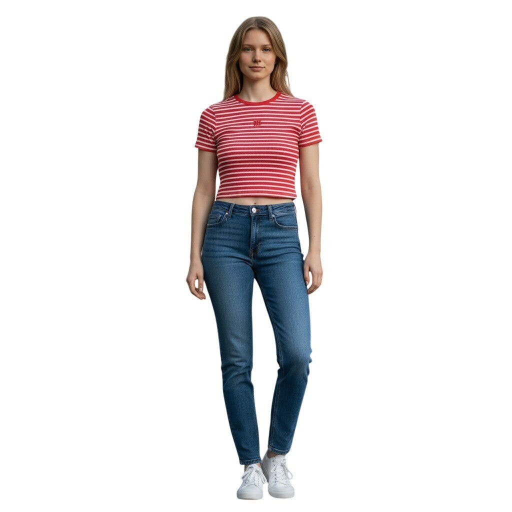 DKNY Jeans Womens Pink White Striped Ribbed Knit Short Sleeve Top XXS DJ6R0150