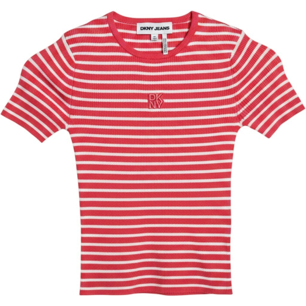 DKNY Jeans Womens Pink White Striped Ribbed Knit Short Sleeve Top XXS DJ6R0150
