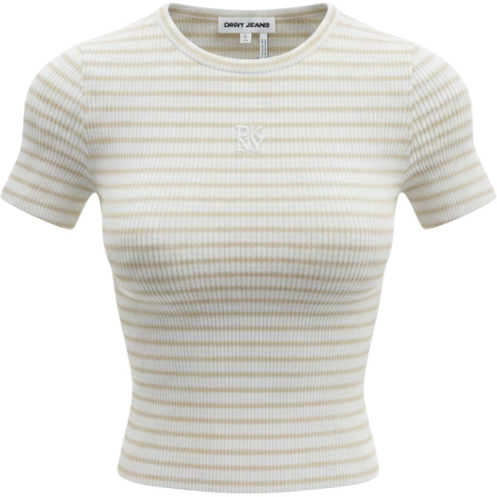 DKNY Jeans Womens Ribbed Striped Short Sleeve Crop Top Ivory Natural XXS