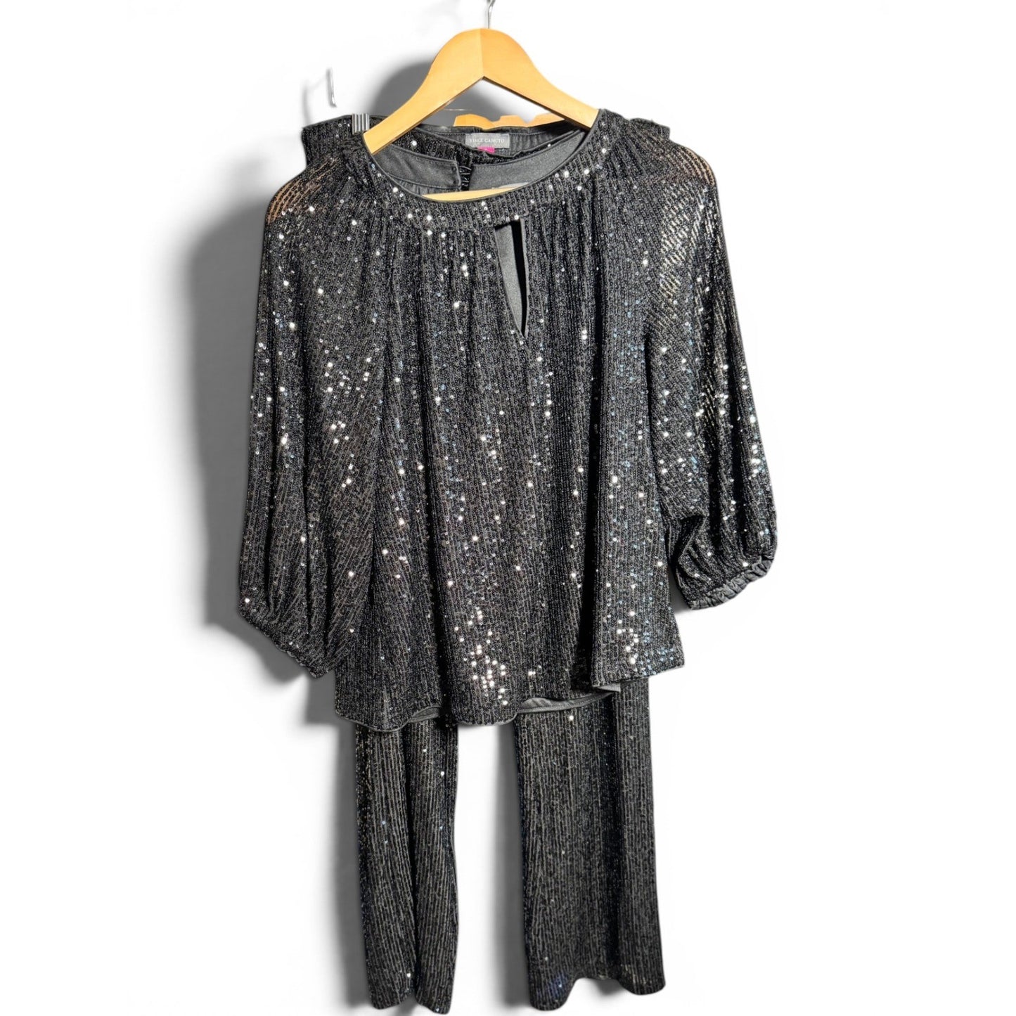 Vince Camuto Twinkle & Glow Sequin Top and Pants Set Rich Black Small NWT