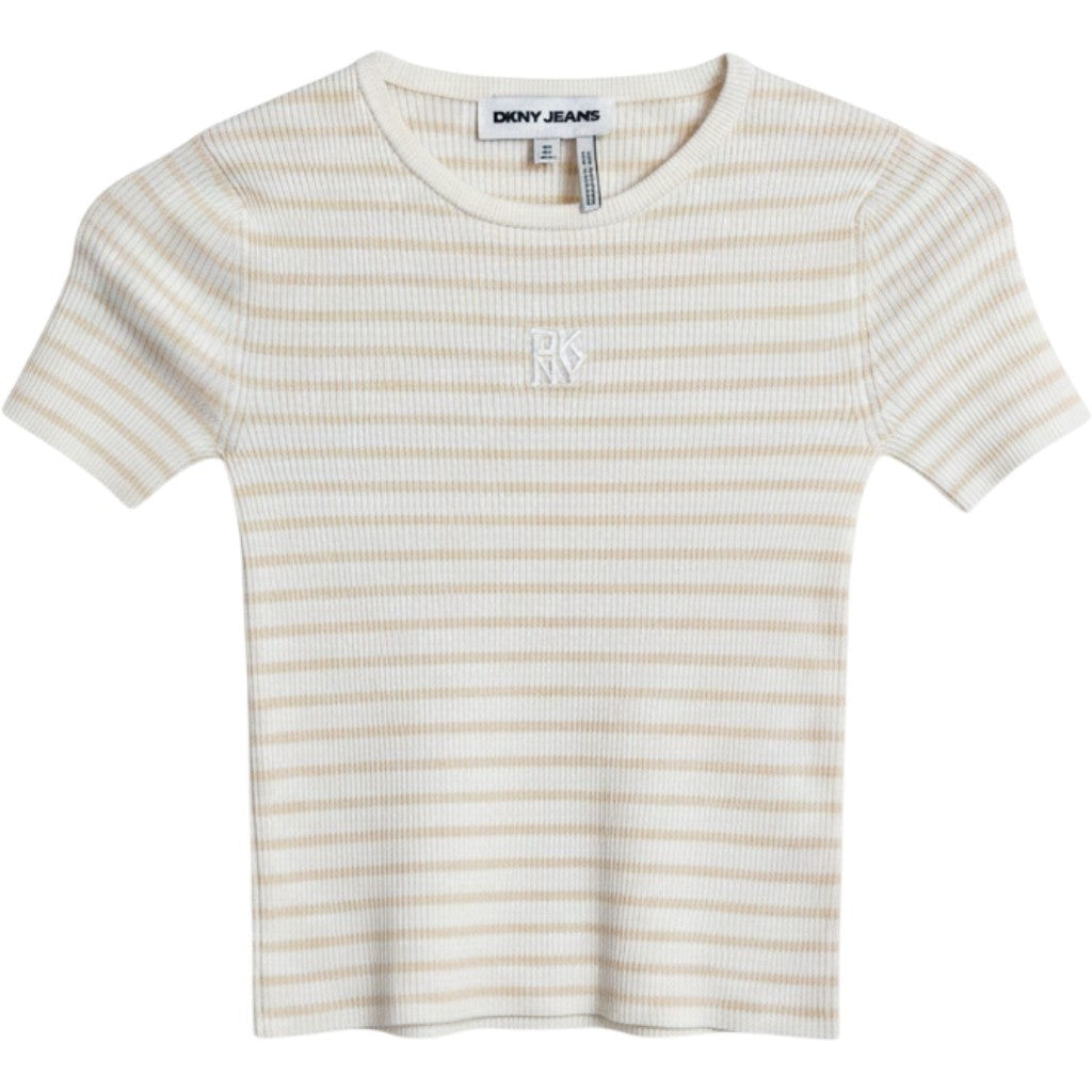 DKNY Jeans Womens Ribbed Striped Short Sleeve Crop Top Ivory Natural XXS