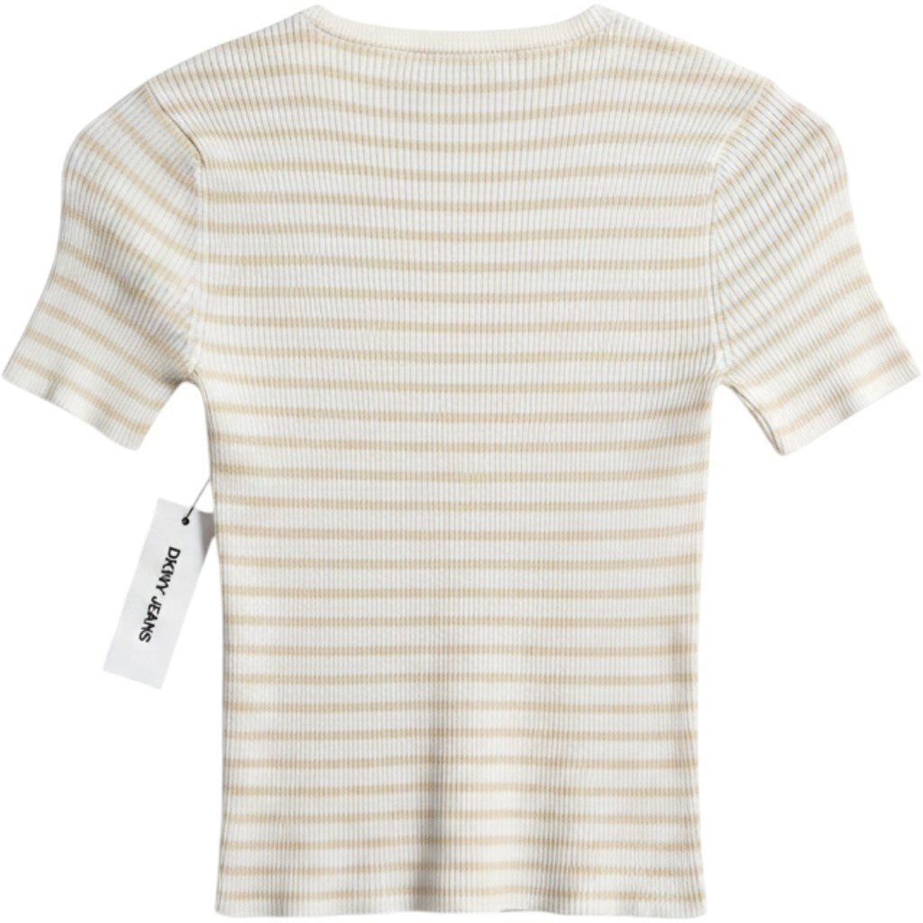 DKNY Jeans Womens Ribbed Striped Short Sleeve Crop Top Ivory Natural XXS