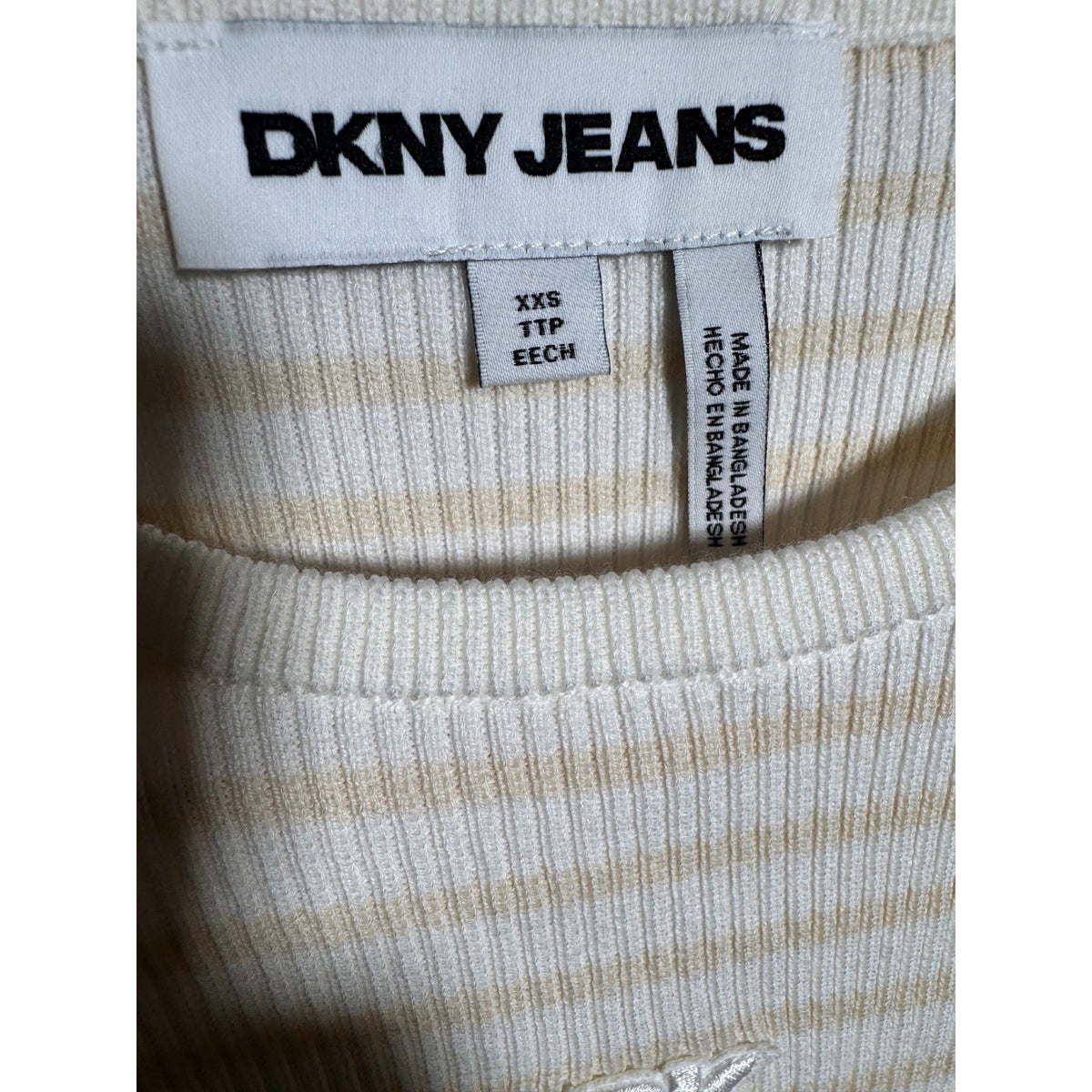 DKNY Jeans Womens Ribbed Striped Short Sleeve Crop Top Ivory Natural XXS