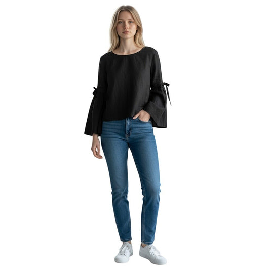 Free People Black Linen Blend Bell Sleeve Tie Blouse OB672226 Womens XS NWT