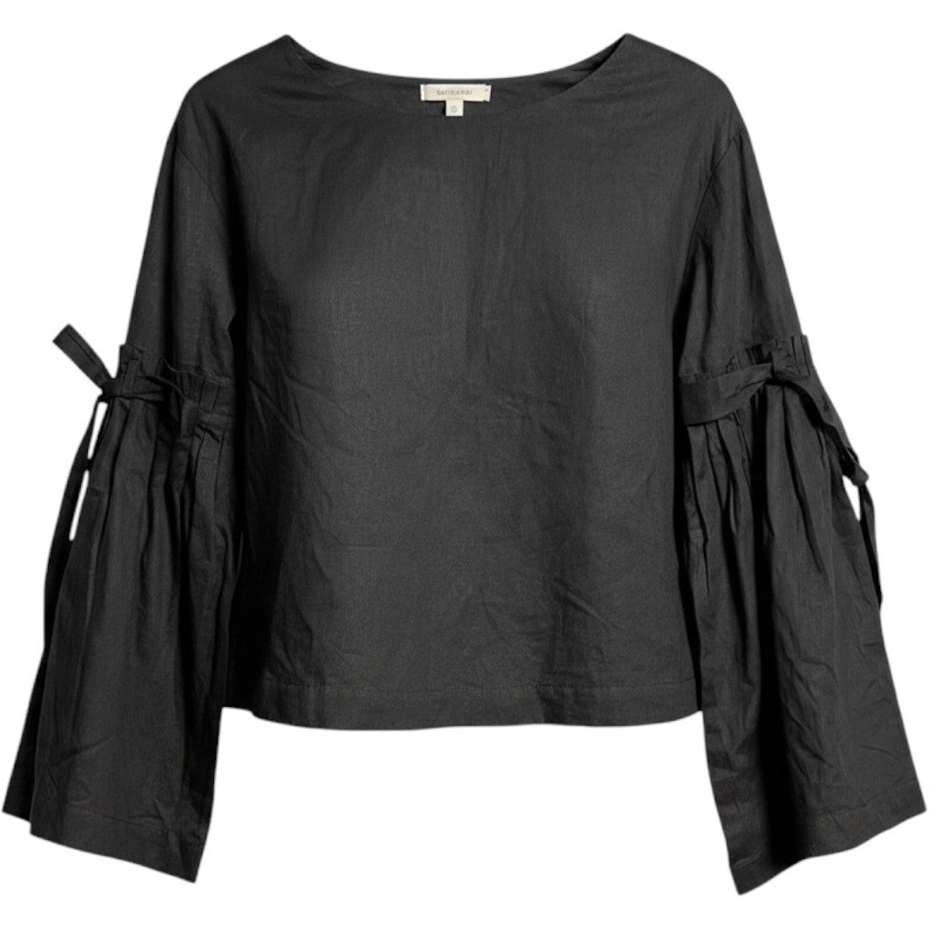 Free People Black Linen Blend Bell Sleeve Tie Blouse OB672226 Womens XS NWT