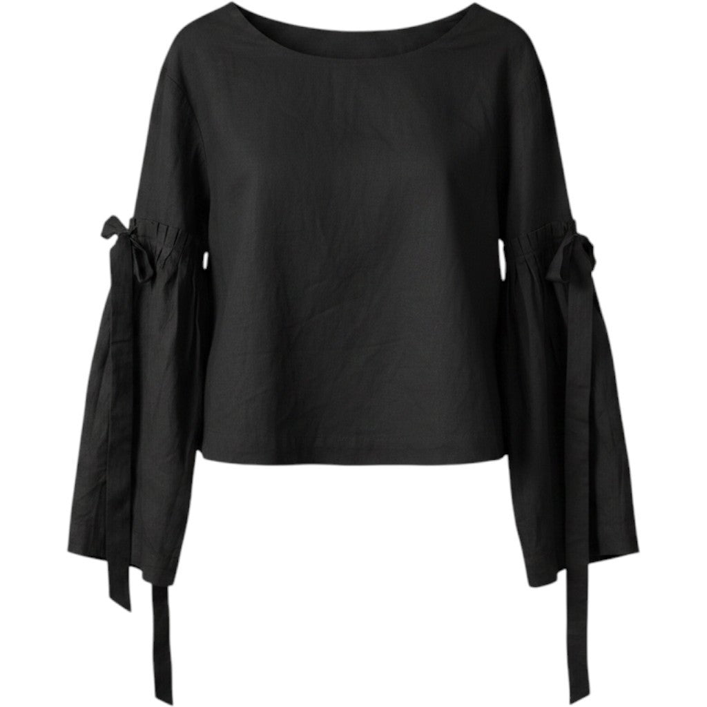 Free People Black Linen Blend Bell Sleeve Tie Blouse OB672226 Womens XS NWT