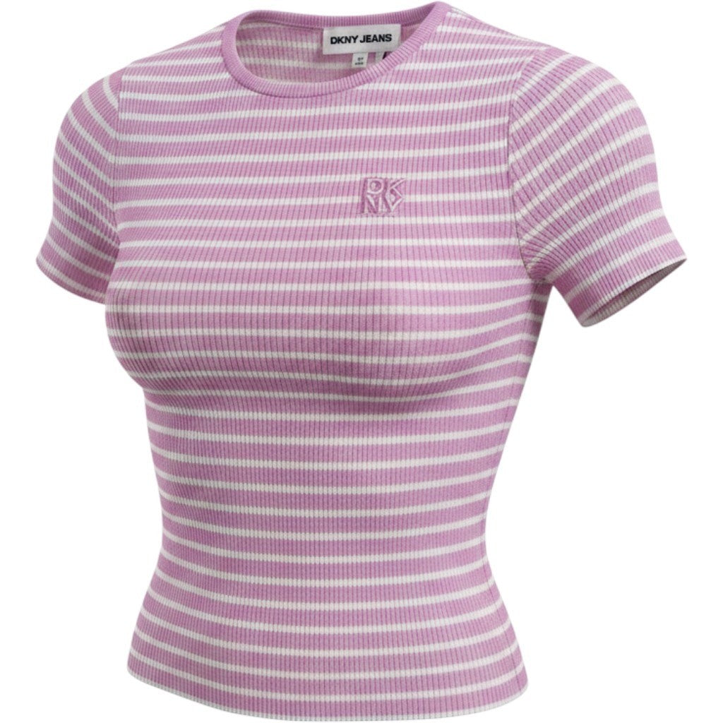 DKNY Jeans Women Pink White Striped Rib Knit Short Sleeve Top DJ6R0150 XXS