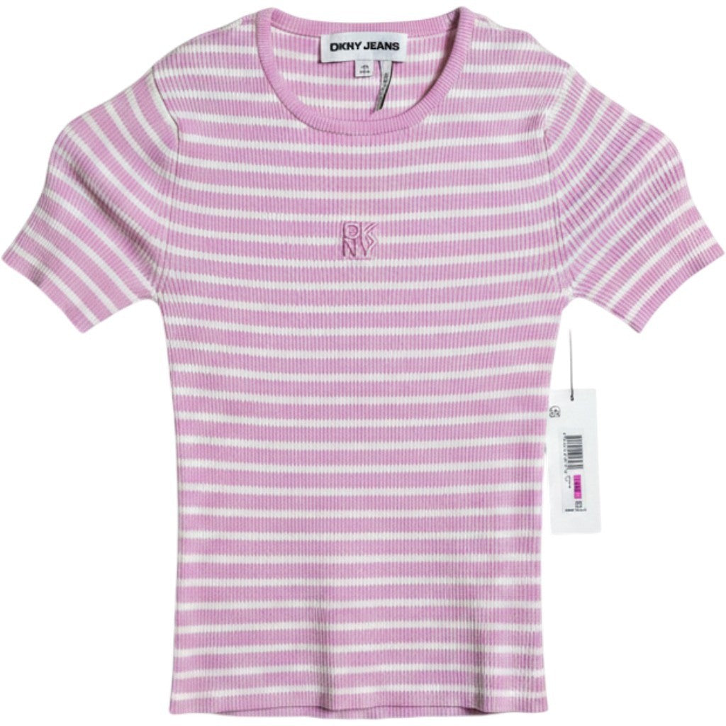 DKNY Jeans Women Pink White Striped Rib Knit Short Sleeve Top DJ6R0150 XXS