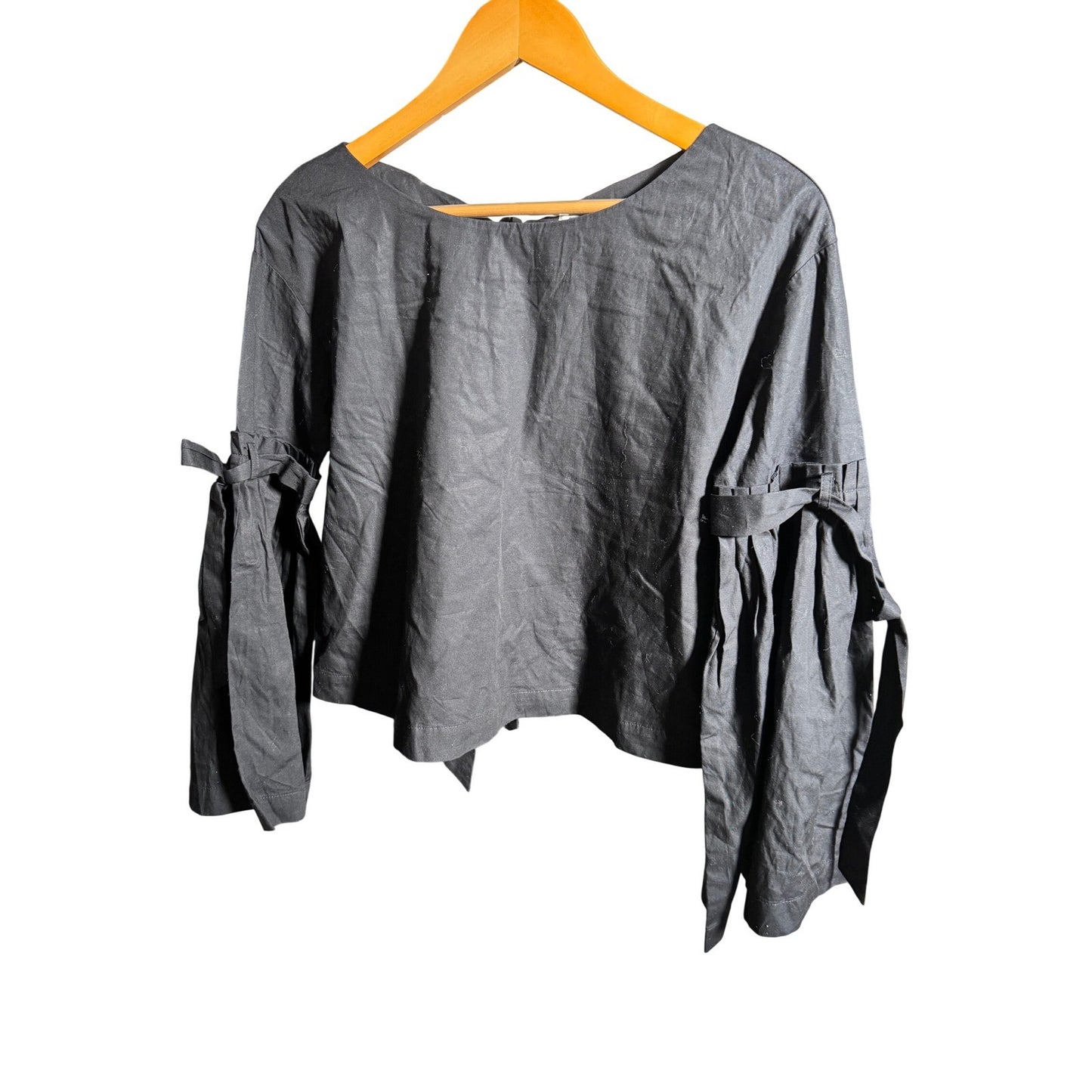 Free People Black Linen Blend Bell Sleeve Tie Blouse OB672226 Womens XS NWT