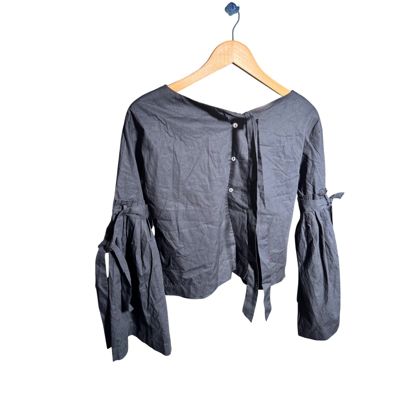 Free People Black Linen Blend Bell Sleeve Tie Blouse OB672226 Womens XS NWT