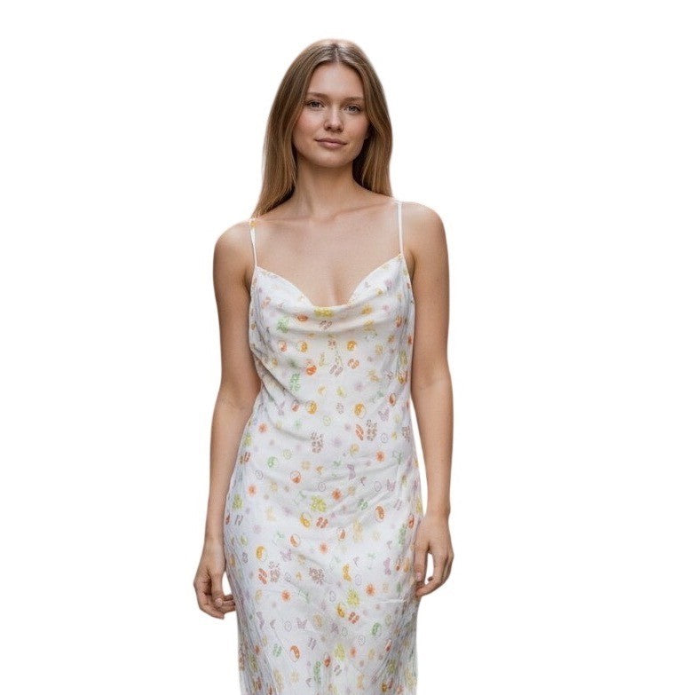 Elodie Women White Orange Multi Print Cowl Neck Slip Dress ELSD4749 Size L NWT