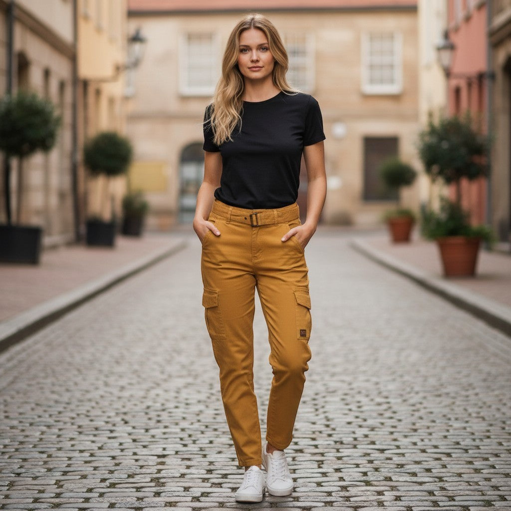 BBJ Los Angeles Womens Mustard Yellow Belted Cargo Pants V21970Z Size 1/25 NWT