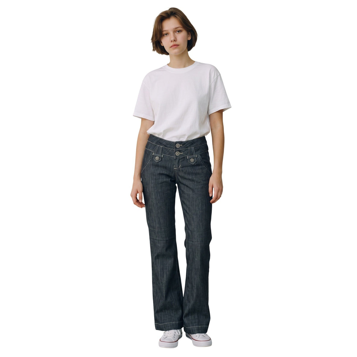 Boom Boom Jeans Dark Wash Flare Triple Button Cinch Back Denim Jeans Women 1