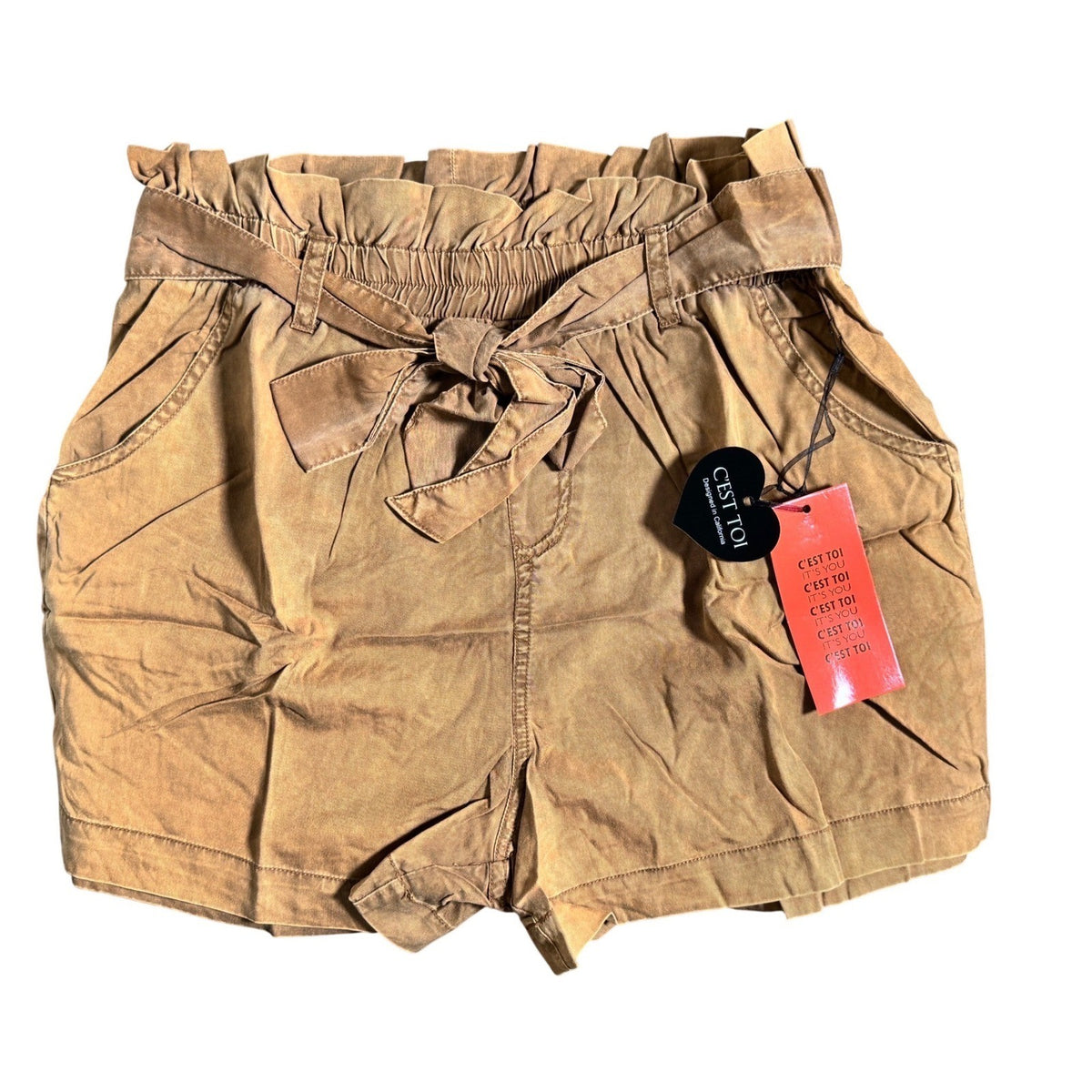 C'est Toi Womens Paperbag Waist Shorts Camel Tan Tencel High Rise Tie Belt S