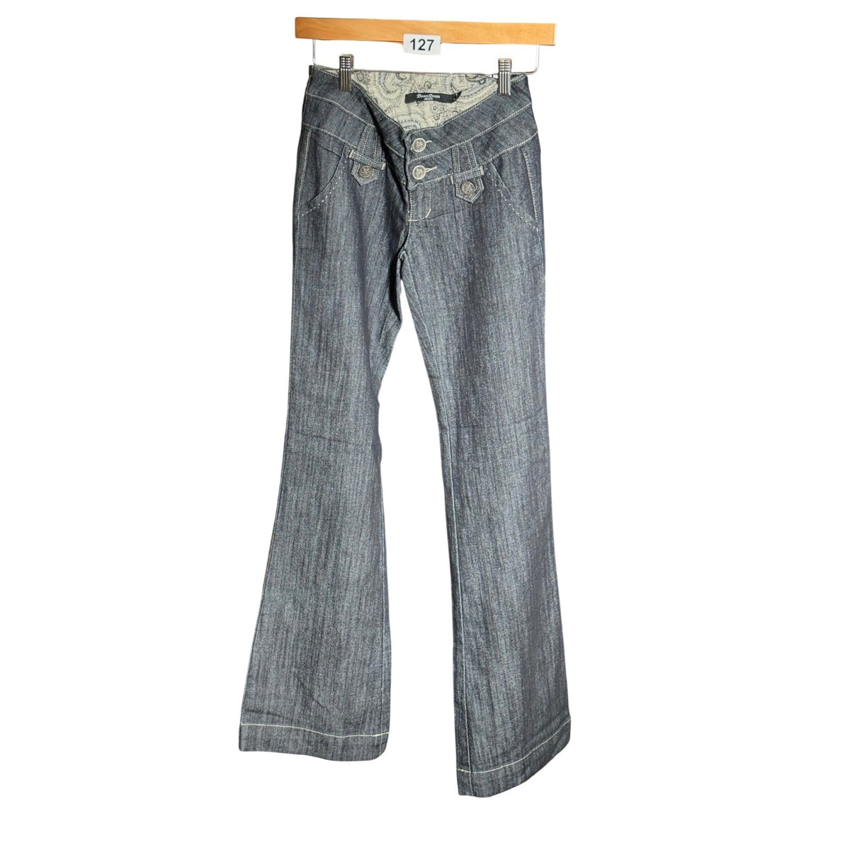 Boom Boom Jeans Dark Wash Flare Triple Button Cinch Back Denim Jeans Women 1